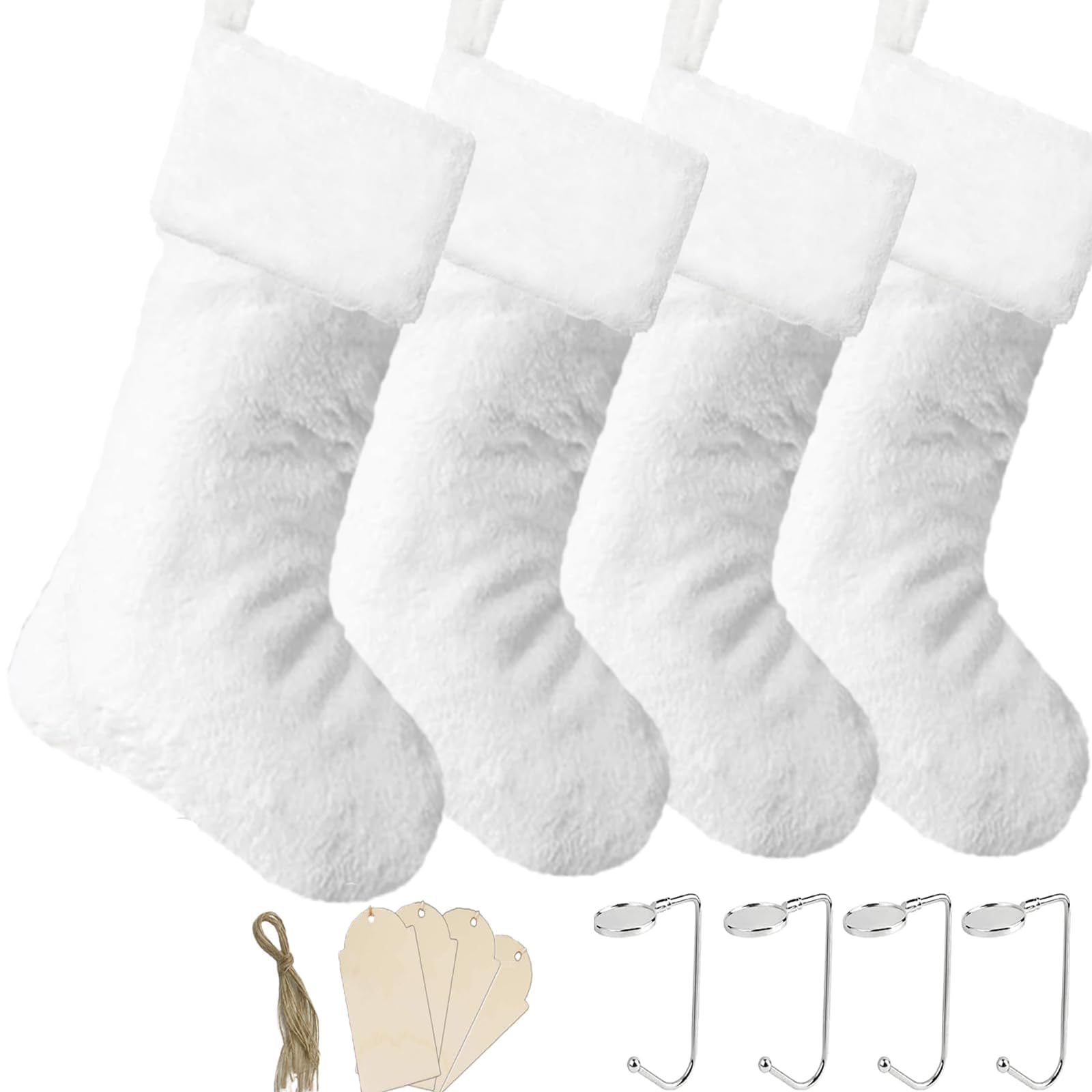 4 Pack White Christmas Stockings, 19 Inch Faux Fur Family Christmas Stockings Set, Holiday Xmas Farmhouse Fireplace Hanging Stocking Christmas Decorations