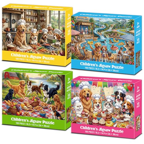 4 Packs de Rompecabezas de 100 Piezas para Niños de 4-6, 6-8 y 8-10 Años, Temas Perros, Parque Acuático, Fiesta de Pizza, Picnic de Cachorros y Fiesta de Postres miniatura 1