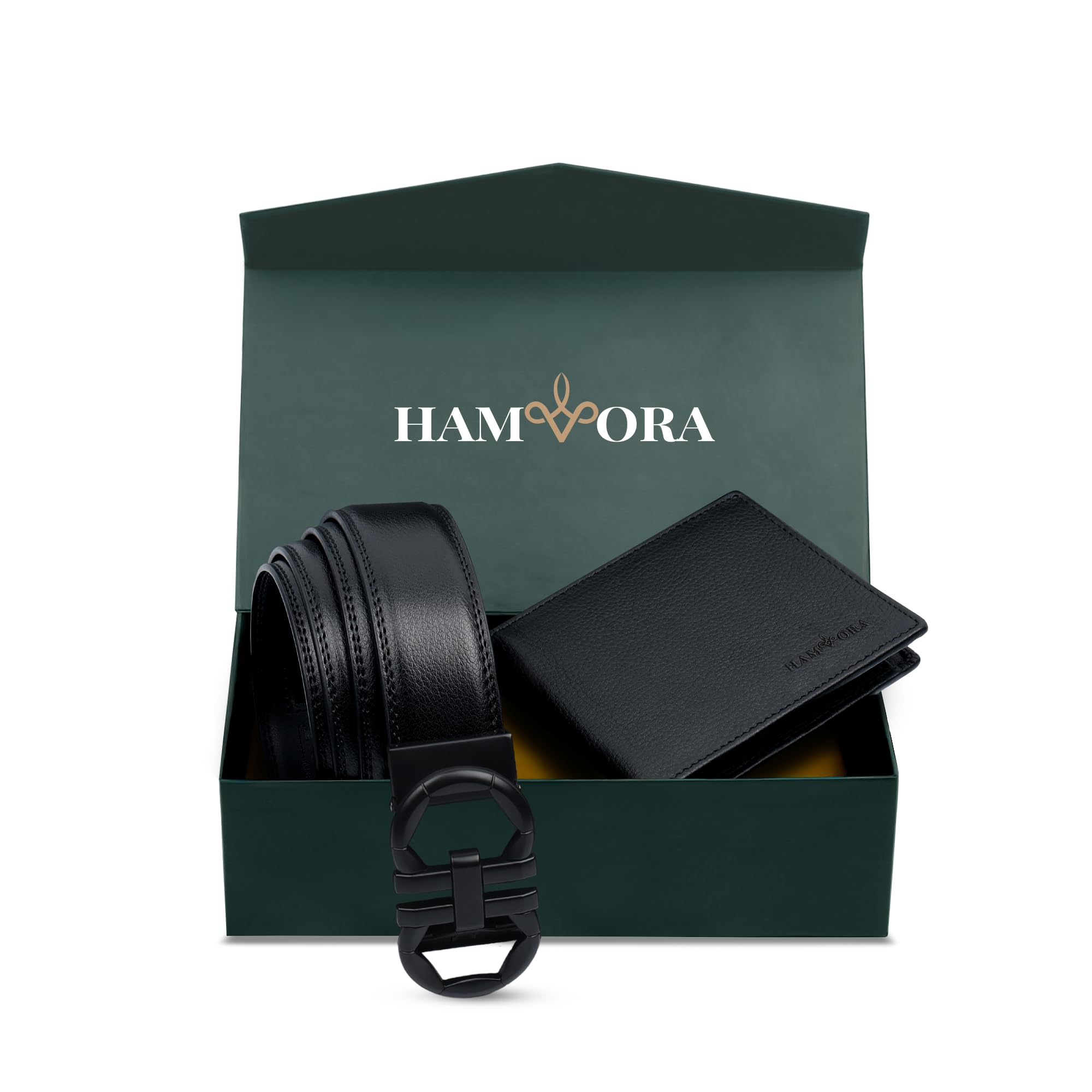 HAMVORA Men Wallet and Belt Combo for Mens Gift - Genuine Leather 4 Card Slots RFID Black Wallets for Man with Ratchet Track Autolock Belts for Men Leather Original - Birthday, Diwali Gift for Man