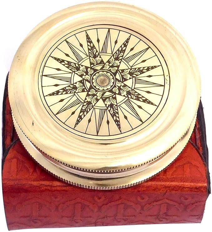 Brújula de bolsillo de latón estilo antiguo con estuche de cuero miniatura 3