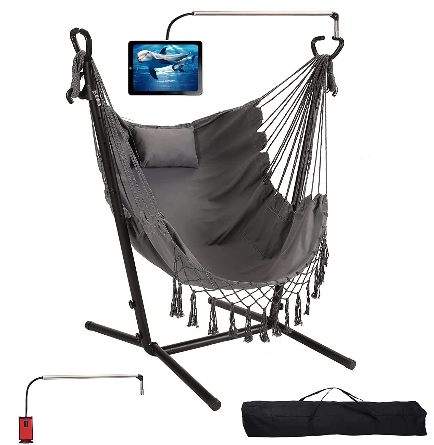 NUNET Hammock Chair with Stand Phone/Tablet Holder Included Portable Double Swing Chair Adjustable Height Steel Stand Macrame w. Pillow Indoor Outdoor Balcony Patio 300lbs Capacity (2025 Upgraded)
