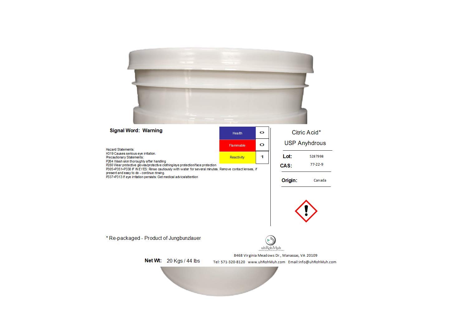 Citric Acid Anhydrous || USP || Food Grade || Bath Bombs & Food Flavoring || Canada (44 Pounds)