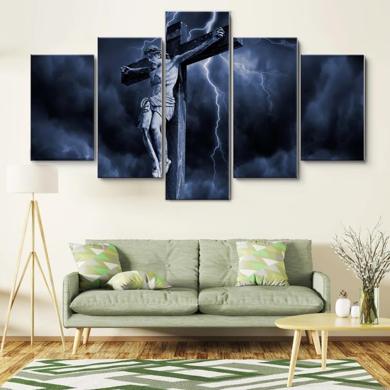 RAPSANI Mit Rahmen Leinwandbild 5 TLG Kunstdruck,Christus am Kreuz Beleuchtung Bilder auf Leinwand 5 TLG Vlies Wandbild,Leinwand Gemälde xxl,Tapete,Puzzle,leinwanddrucke,5 Stücke Bilder 125x60cm
