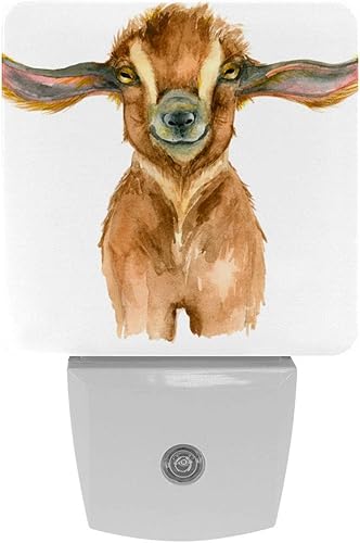 Luz nocturna de cabeza de cabra en acuarela (enchufable), sensor inteligente del atardecer al amanecer, luces LED blancas cálidas para pasillo,