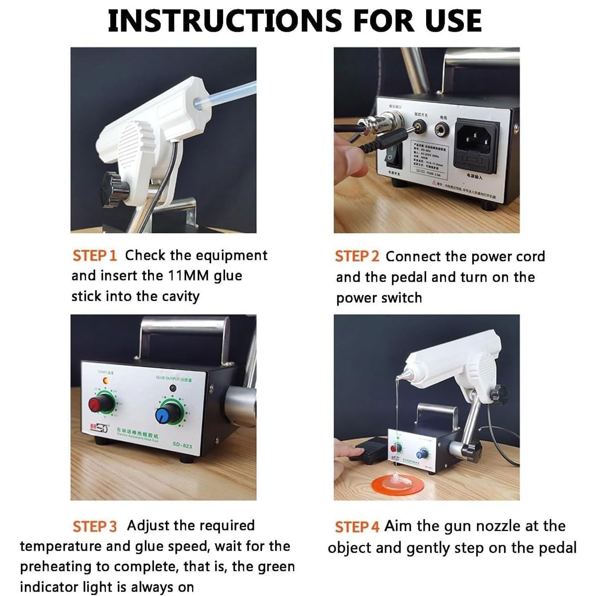 Machine à colle thermofusible à pédale avec température et angle réglables, distributeur de colle, dispositif d'égouttage automatique de colle avec buse de 2,6 mm pour le scellage