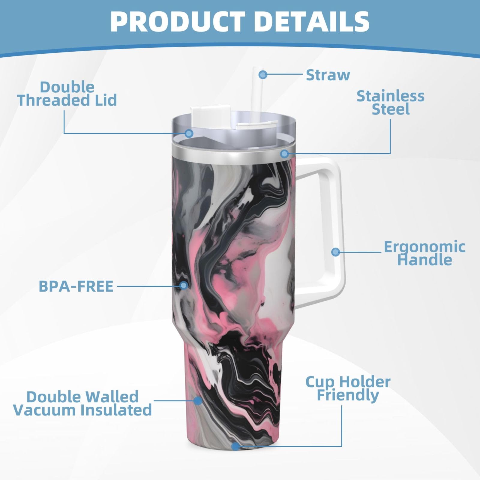 Wasserflasche aus Edelstahl, doppelwandig, isoliert, mit Griff und Strohhalm-Deckel, 1,2 l, Rosa mit abstrakter Tinte, Marmor-Grau