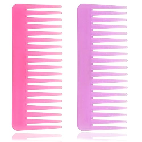 Peine de dientes anchos para cabello rizado, cabello seco y húmedo, sin mango, peine desenredante para peinar (morado, rosa, 2 piezas)