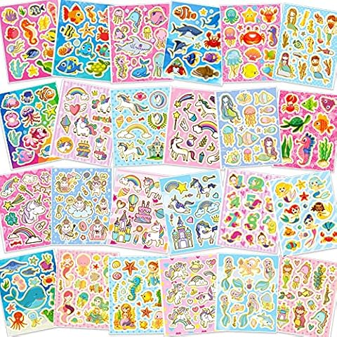 HOWAF 330+ Glitter Stickers for Kids Girls Crafts DIY Scrapbooking Cards, Rainbow Unicorn Mermaid Princess Sea Animal Stickers, 24 Sheet Stickers for Girls Journal Photo Albums Papeterie Water Bottle Cover