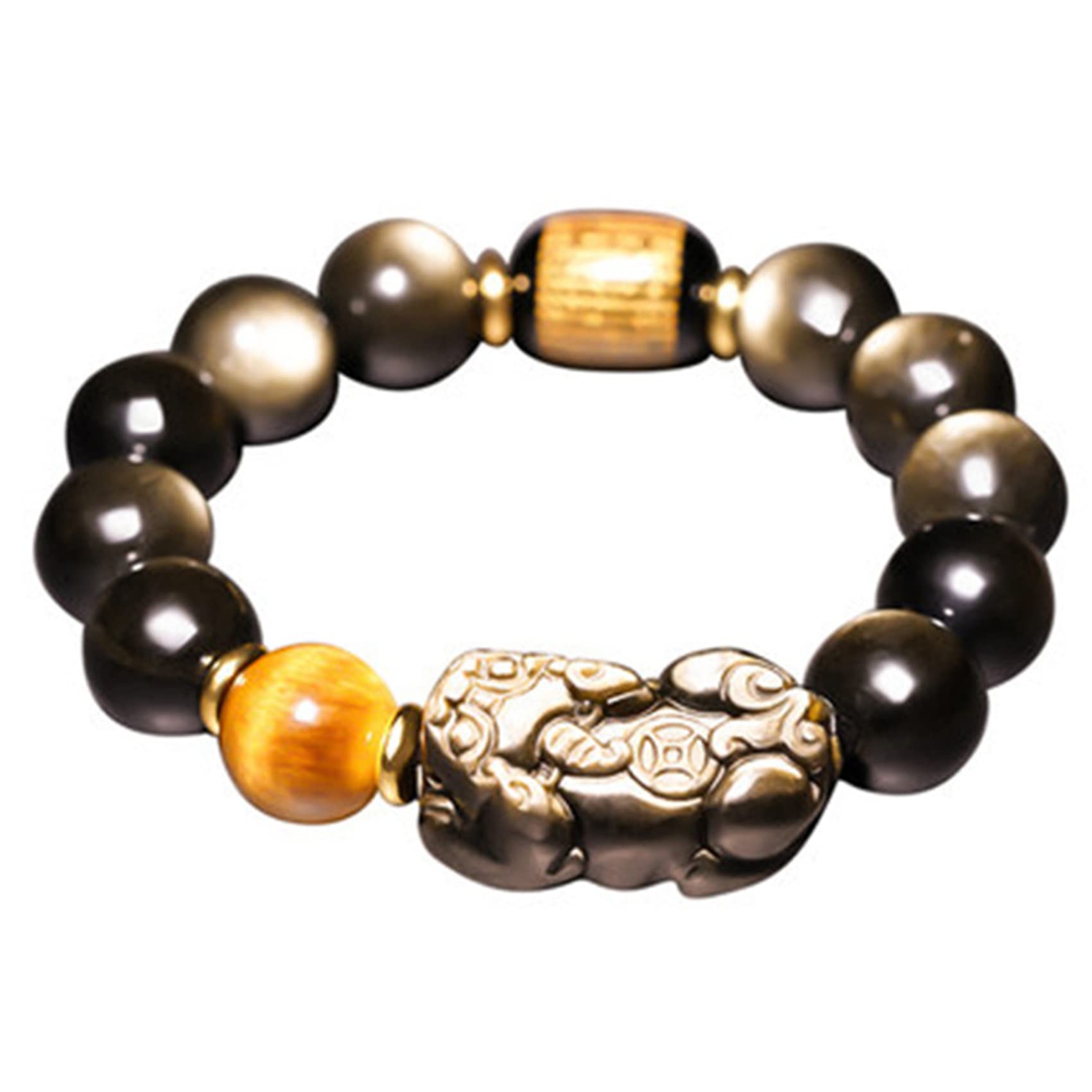 YDYDTTKD Schwarzes Obsidian-Armband, Pi Yao-Reichtumsarmband, Tigerauge-Stein, Reiki-Kristall, spirituelles Chakra-Amulett, verstellbares Armband zur Abwehr des Bösen, Stil B, 16 mm