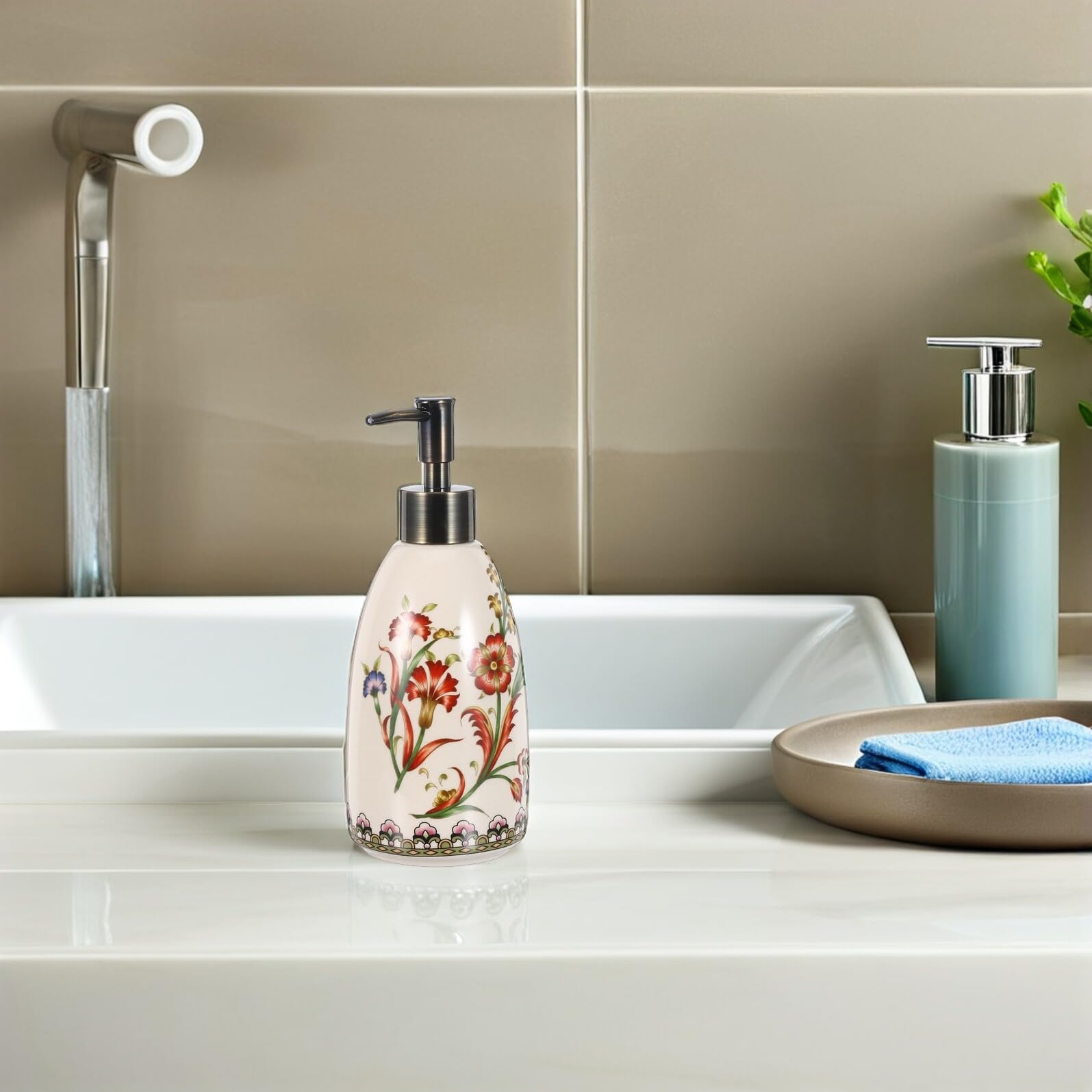 jojofuny Dispensador de Jabón de Cerámica 450 Ml, Recargable, Diseño Ergonómico para Cocina y Baño, Recipiente Decorativo para Encimera