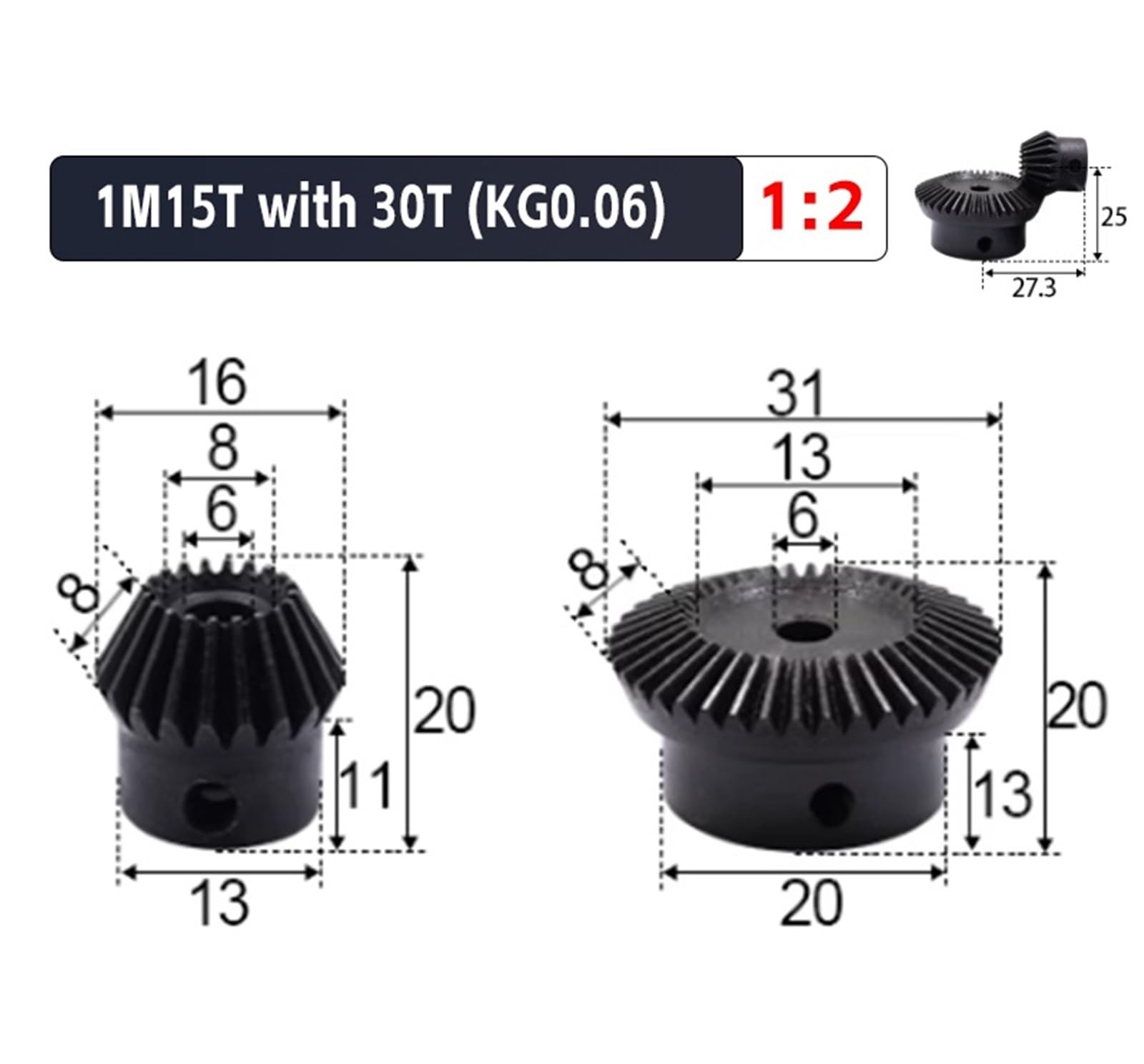 Bevel Gear Pinion Hardware Mechanical 1:2 Bevel Gear 1Modulus 15Teeth + 30Teeth Inner Hole 6mm 90 Degree Drive Commutation Steel Gears Steel Gears Screw M5