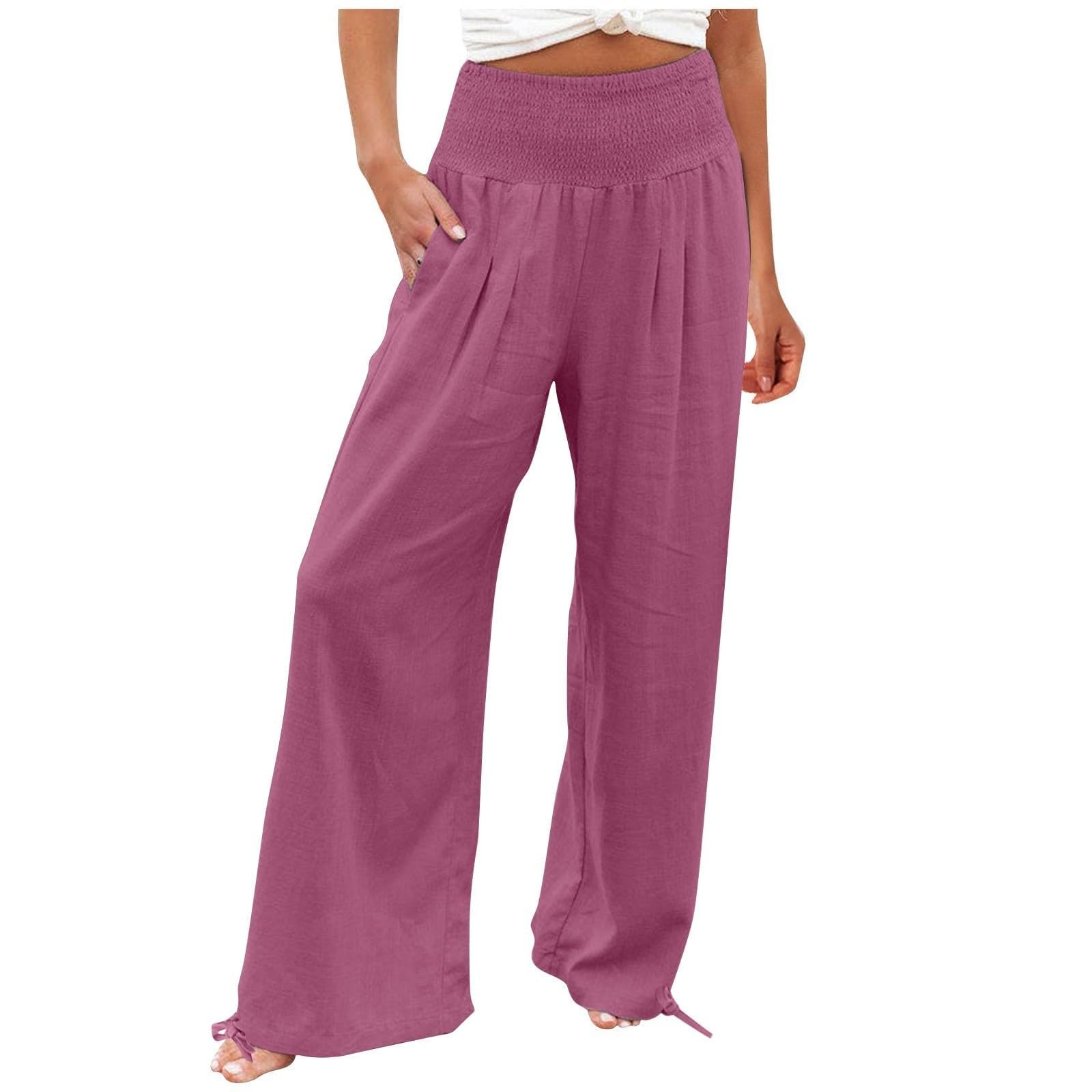 Womens Linen Pants 2026 Summer Beach Vacation Boho Wide Leg Pants Fashion High Waist Casual Flowy Palazzo Trousers — view 16
