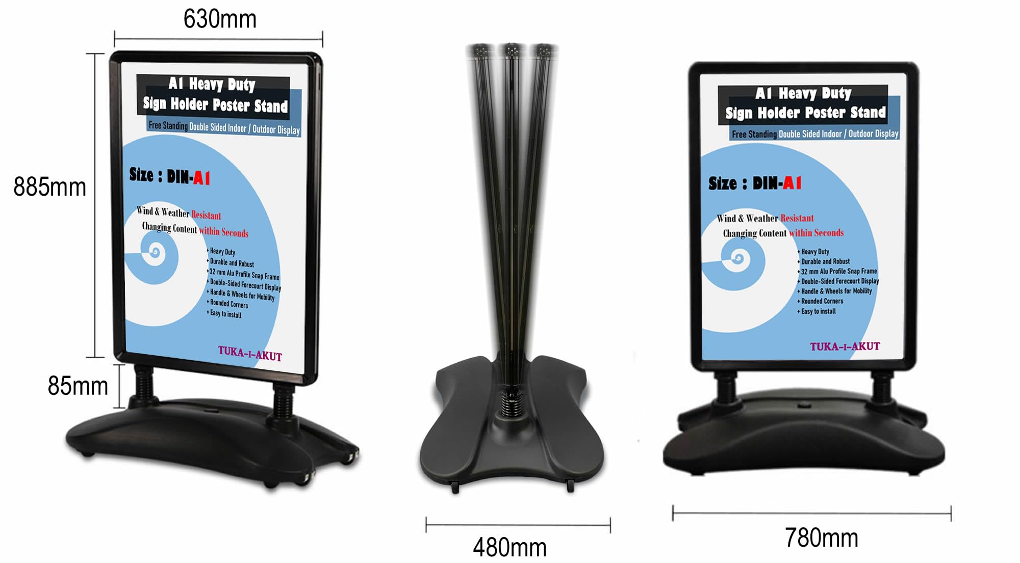 TUKA-i-AKUT A1 Supporto per Poster Bifacciale, Base Resistente con Ruote e Serbatoio, Alluminio Telaio, Cavalletto Espositore Pubblicitario per Una Posizione Sicura Interni ed Esterni, TKD8425 Nero