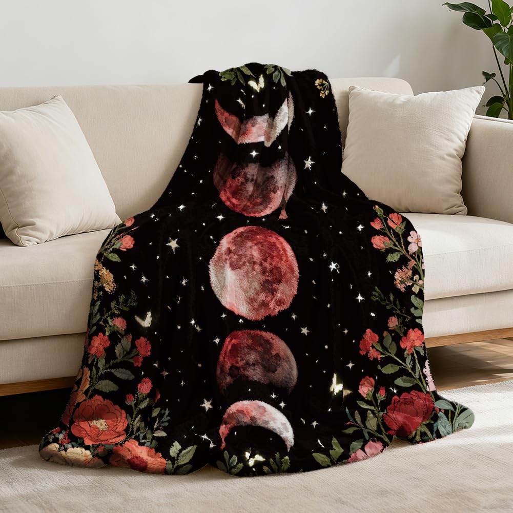 GLOBLELAND Magic Moon Phase Throw Blanket 59 x 51 Flowers Butterfly Flannel Throw Blankets Flora Nightscape Blanket for Home Sofa Travel Adult Women Men Comfort Warmth Soft Cozy