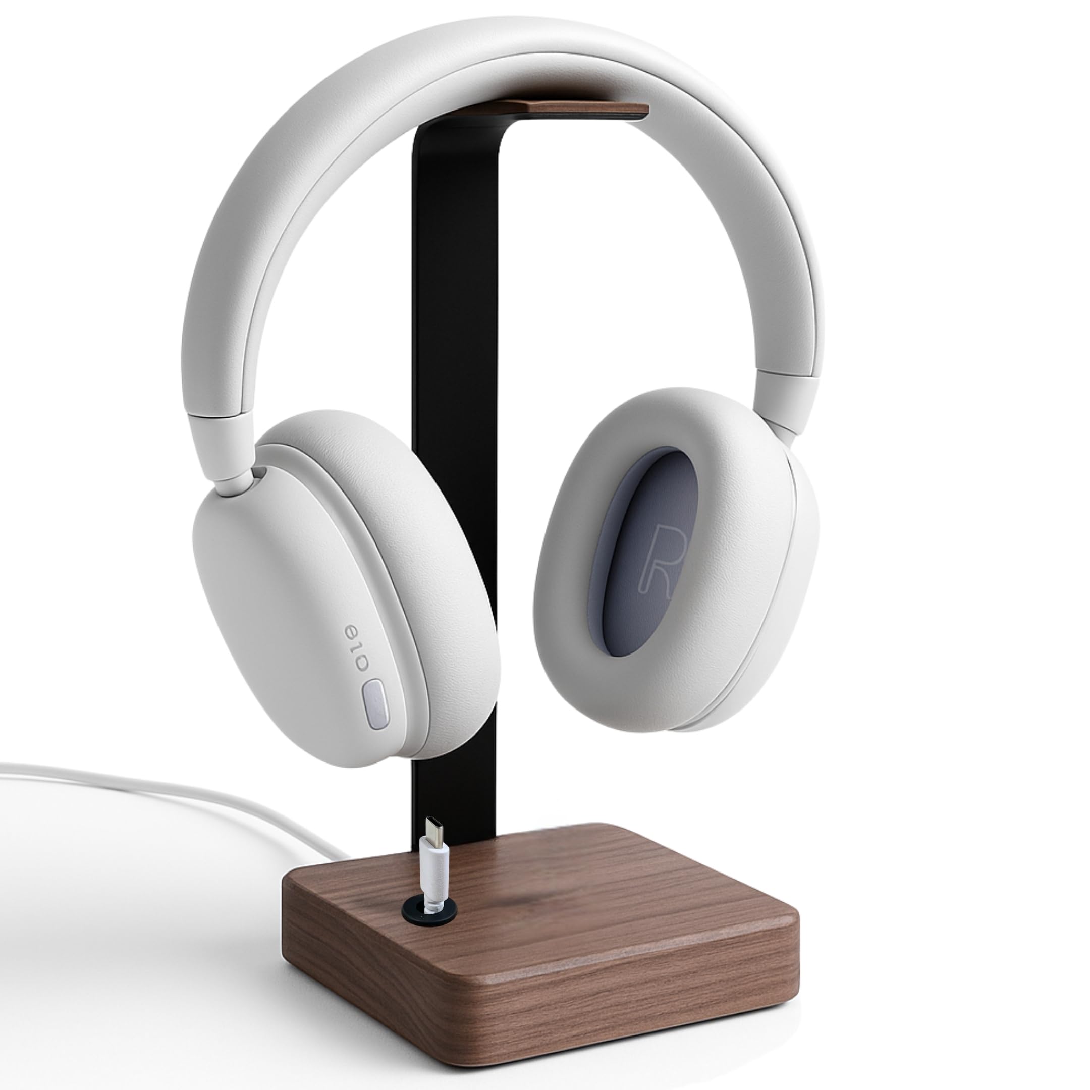 Headset Halterung aus Nussbaumholz – Kopfhörer Halterung mit schwerem Stahlblech & Lederlook Auflage – Kopfhörer Halter Holz mit Kabeldurchführung Schreibtisch Zubehör & Kopfhörer Ständer