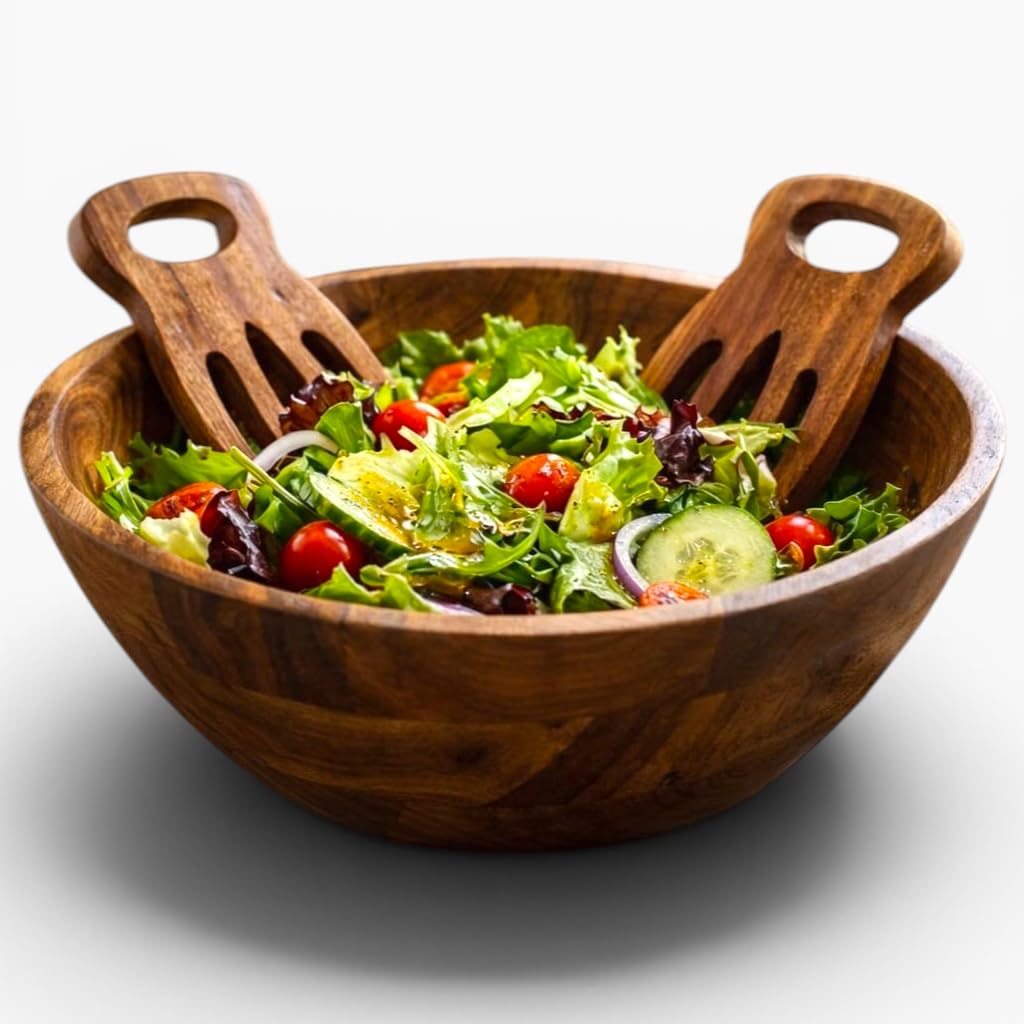 Balladcraft 11.9 inch Acacia Wooden Salad Bowl Set with 2 Salad Forks – Large 3-Piece Wood Serving Bowl Set, Handcrafted Salad Mixing Bowl for Fruits, Pasta & Entertaining, Natural Acacia Wood.-image-27