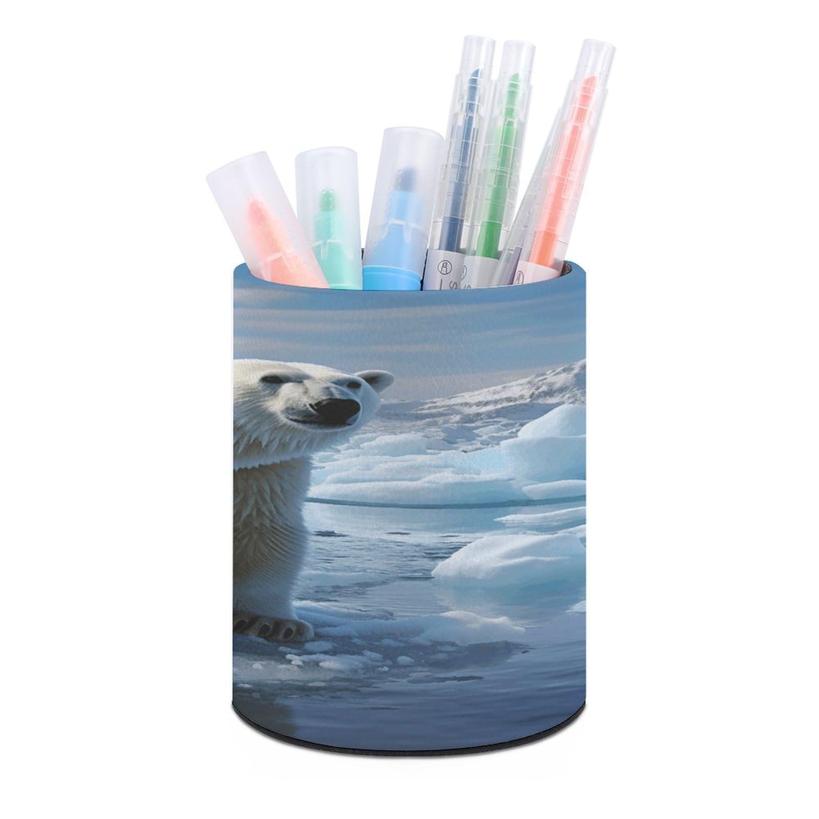 VstaDank Polar Bear Ice Pen Holder PU Leather Pencil Cup Minimalist Desk Pencil Holder Round Make Up Brush Organizers For Office Dorm Room&Vanity Desk Accessories