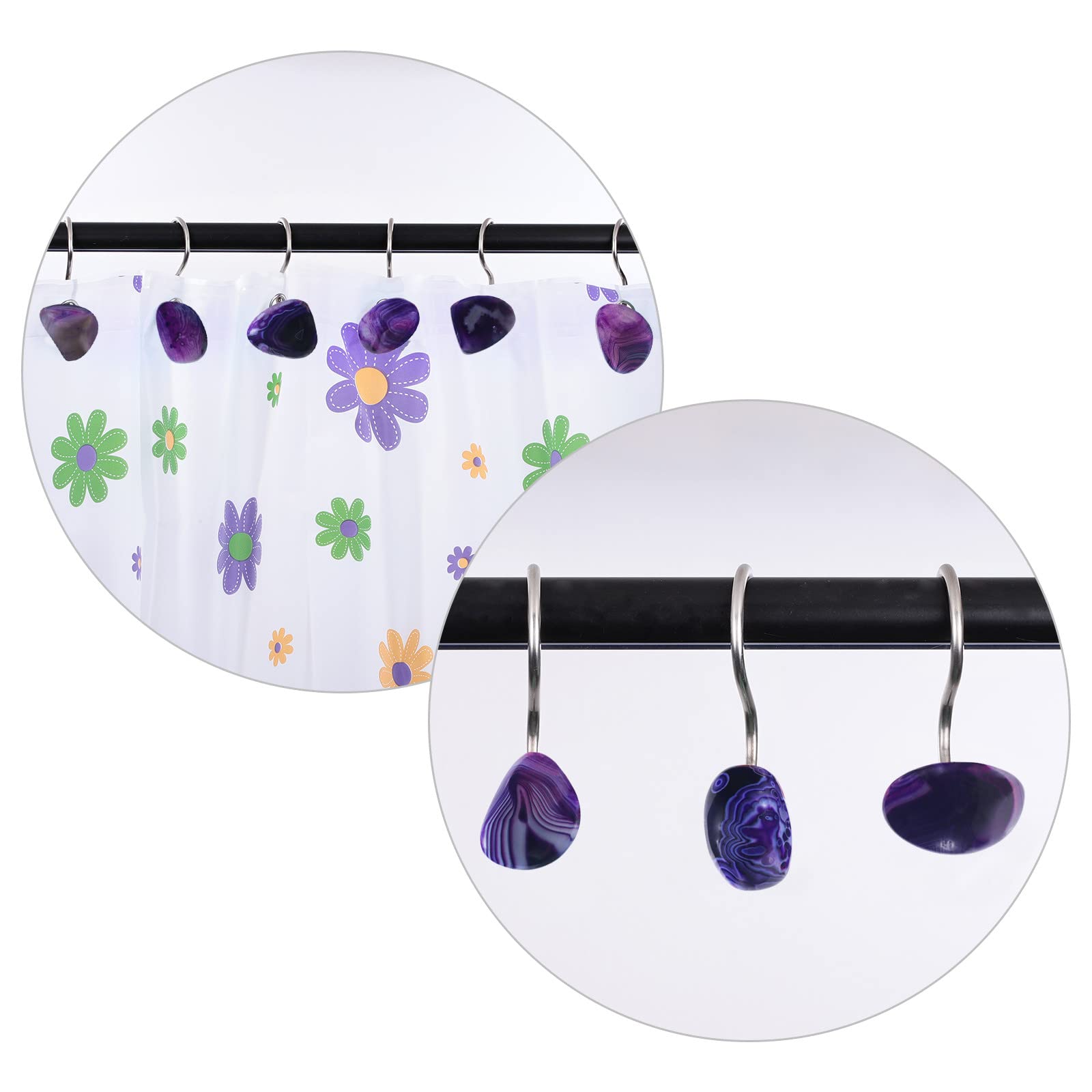 rockcloud Lot de 4 crochets de rideau de douche en acier inoxydable en forme de S avec pierres d'agate polies irrégulières pour salle de bain, décoration de bureau à domicile, violet
