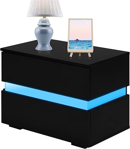 Miniatura 7 de Mesita de noche LED moderna de alto brillo con armario de almacenamiento, mesita de noche con 2 cajones para muebles de dormitorio y sala de estar