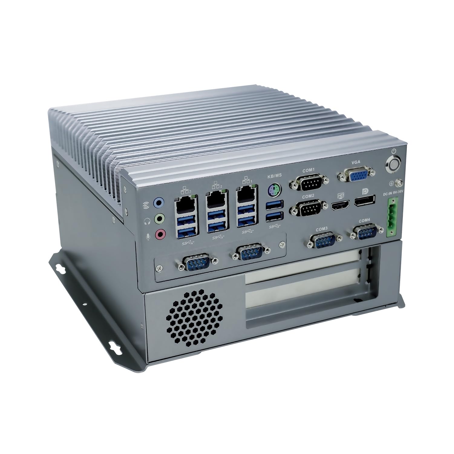 Fanless Industrial PC, Mini Computer, IPC, I3 6100T, Windows 11 / Linux, IX04, VGA, DP, HDMI, 6 x COM, 3 x LAN, PCIE X16 Slot, PCI Slot, DC Phoenix, 9 to 36V, 0 RAM, 0 Storage, Barebone No System