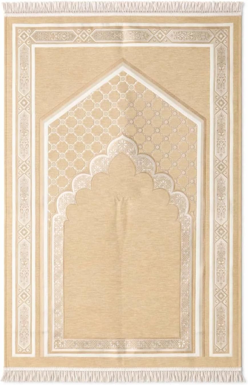 Comfort Prayer Mat Extra Thick Padded Janamaz for Joint Support Large Memory Foam Sajadah with Elegant Design Premium Soft Prayer Carpet for Women & Elderly.سجادة صلاة فخمة للهدايا بتصميم عصري.Beige