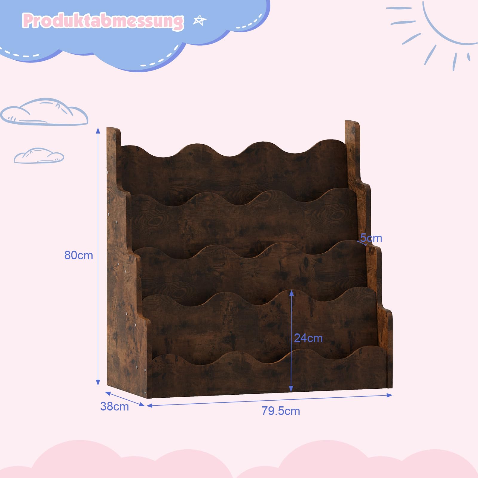 KEEPREAPER Kinder Bücherregal aus Kieferholz, Montessori Kinderregal mit 4 Ablagen, für Kinderzimmer Spielzimmer, 80x38x80cm (Braun-Welle)