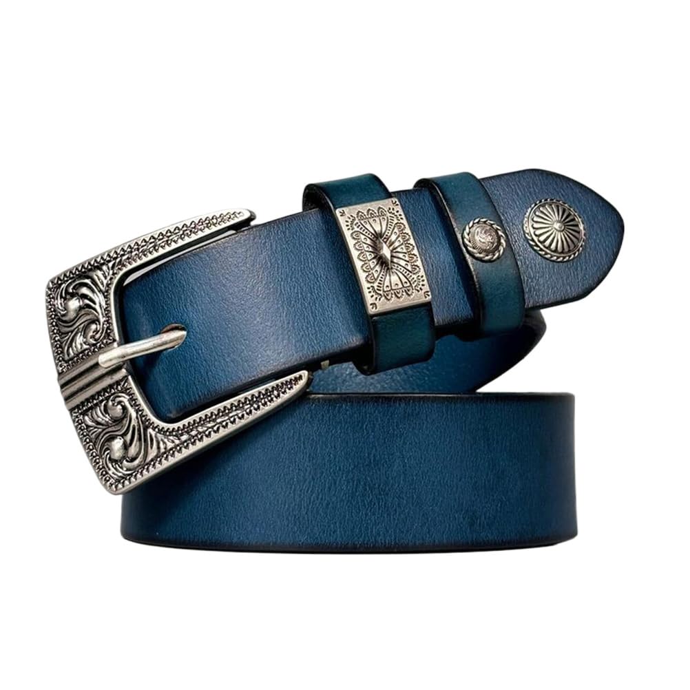 Cintura da Cowboy per Uomo, Cintura in Vera Pelle Western Country Inciso-Fibbia, per Jeans Pantaloni Casual, Fatta A Mano, Design Moda E Classico,Blu,110CM/43.3''