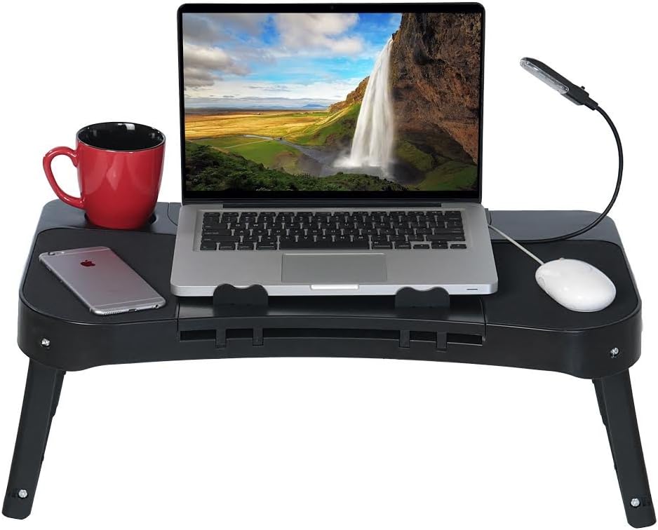 Laptop Table Stand - 2-Sided Design Allows You to Place Mouse on The Left or Right - Repositionable LED Light - Integrated Cooling Fan