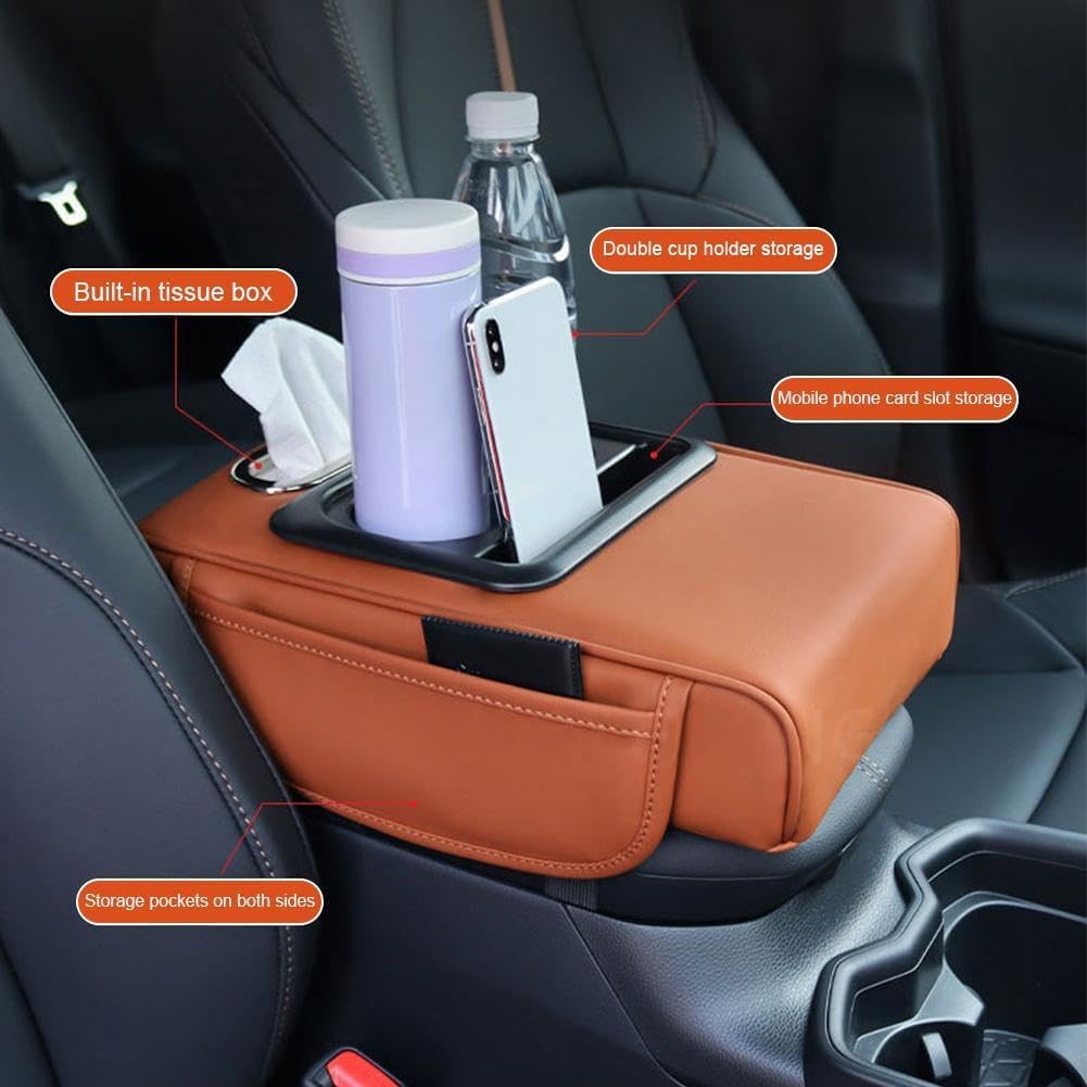 Coussin d'accoudoir de voiture, housse de console centrale 5 en 1 avec 2 sacs de rangement porte-gobelet, fente pour boîte à mouchoirs, fente pour téléphone pour berlines de voiture, accessoires