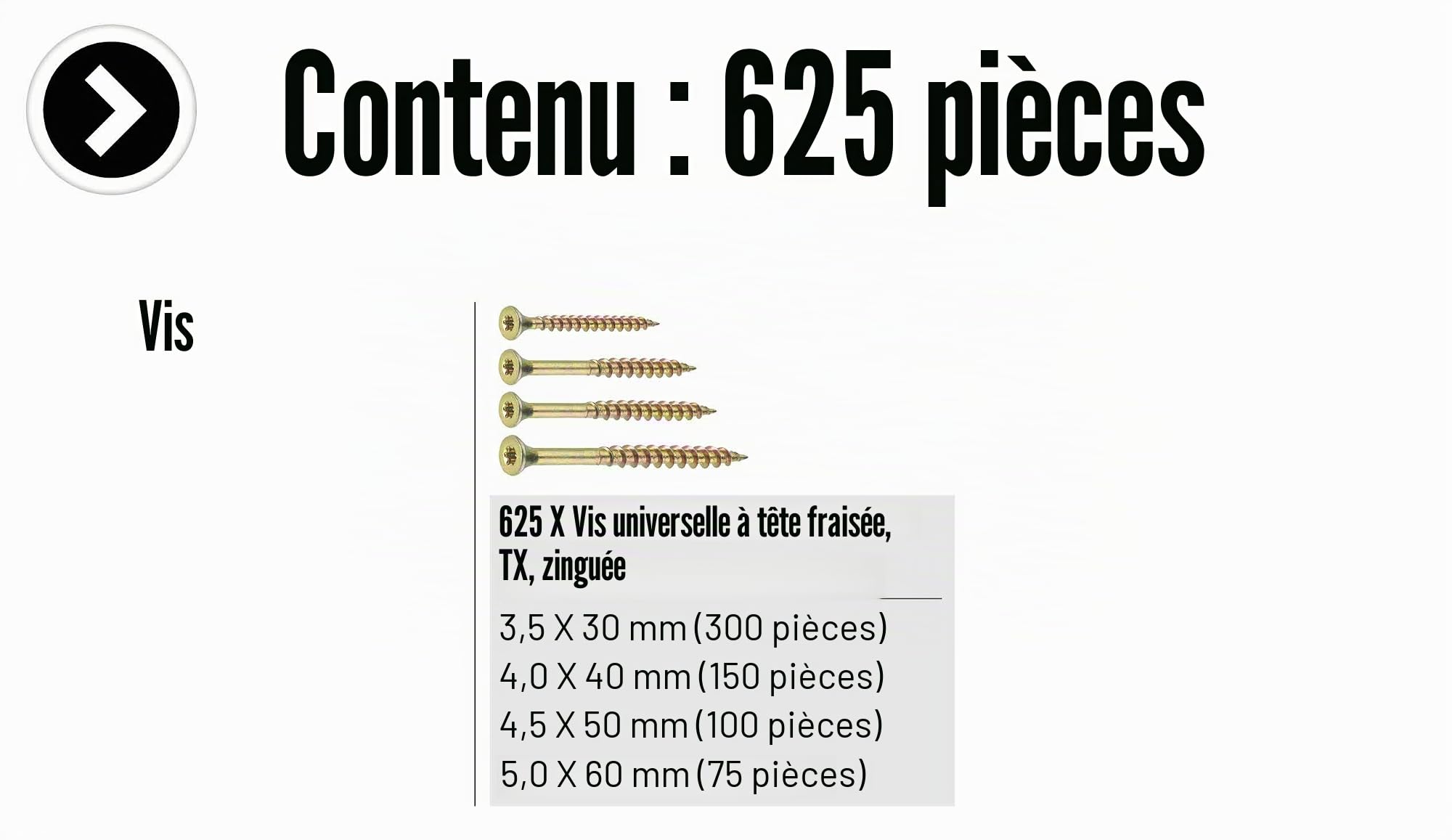 Connex B30048 Lot de 625 Vis universelles 4 tailles TX galvanisées