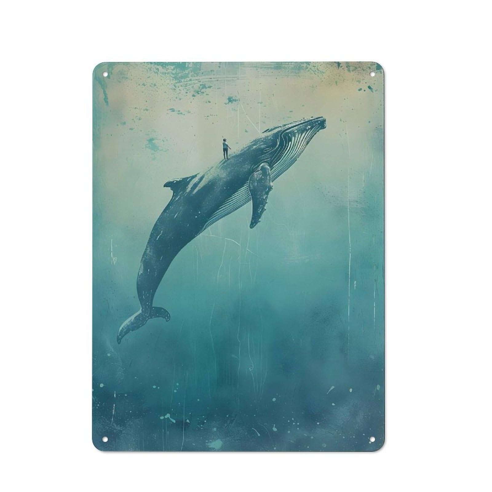 Simple Retro Whale Rider Metal Wall Plaque 40x30cm, Studio Wall Plaque for Hobby Room, Office, Lounge Or Living Room