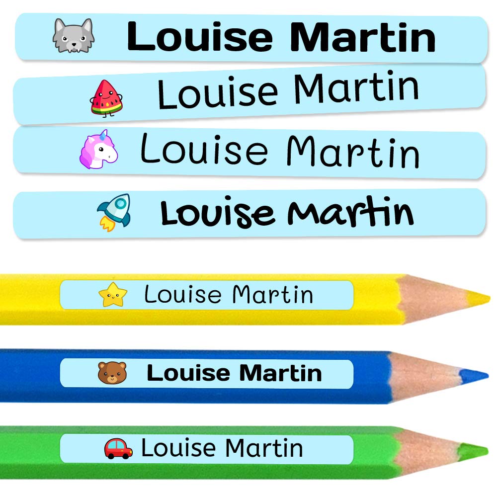 150 Pegatinas personalizadas para la escuela y la guardería. Etiquetas adhesivas de vinilo impermeables de colores para marcar lápices y bolígrafos. Dimensiones 46 x 6 mm