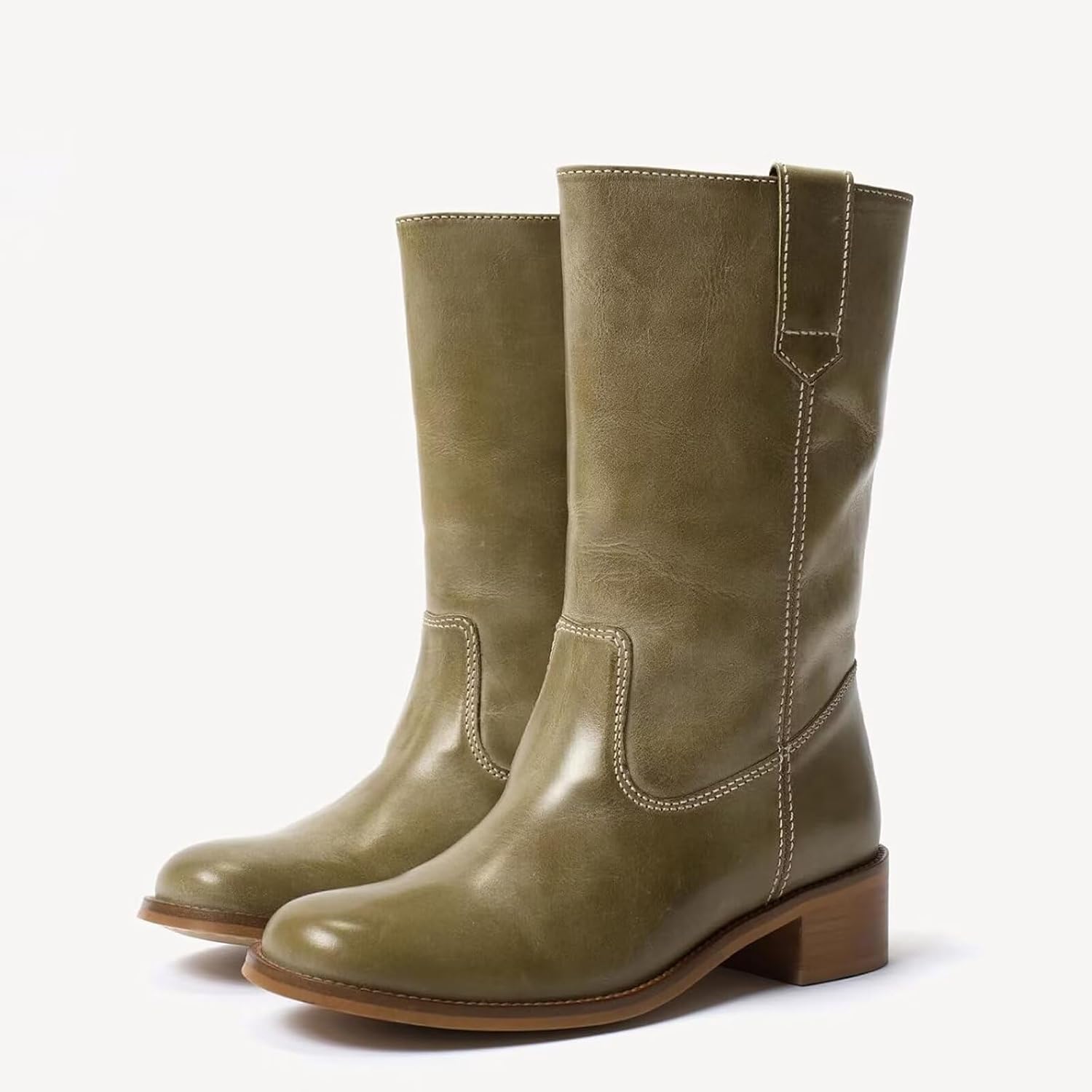 Agodor Vintage Campus Mid Calf Boots for Women,Side-Lace Banane Riding Boots with Bow Round Toe Chunky Block Low Heel Pull On Fall Winter Boot