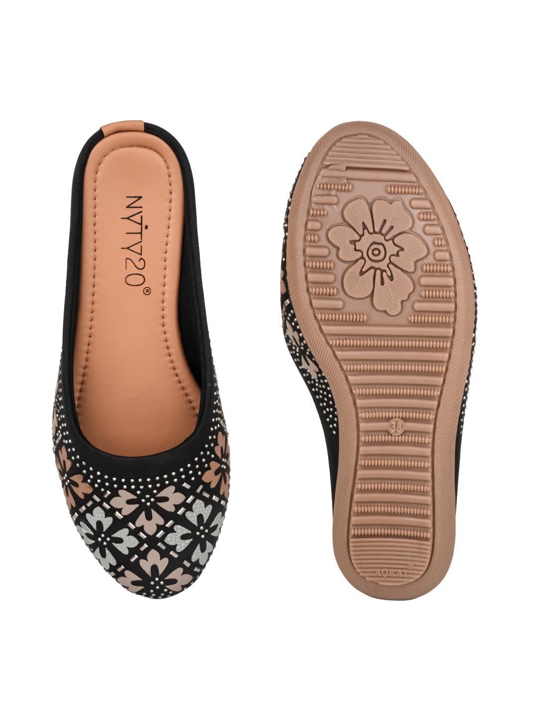 Women’s Black Floral Embellished Ballet Mule Flats | Slip-On Comfortable Casual & Party Flat Shoes | Stylish Daily Foot for Office, Travel & Outdoor Use-image-31