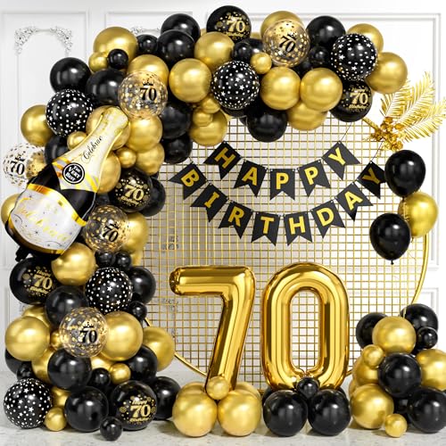 Decoraciones para 70º Cumpleaños, Kit Arco Globos Negros Dorados con Globos Foil Número 70, Globos Imprimidos, Banner Feliz Cumpleaños para Hombres Mujeres, Decoraciones Fiesta Negro Dorado 70 Años