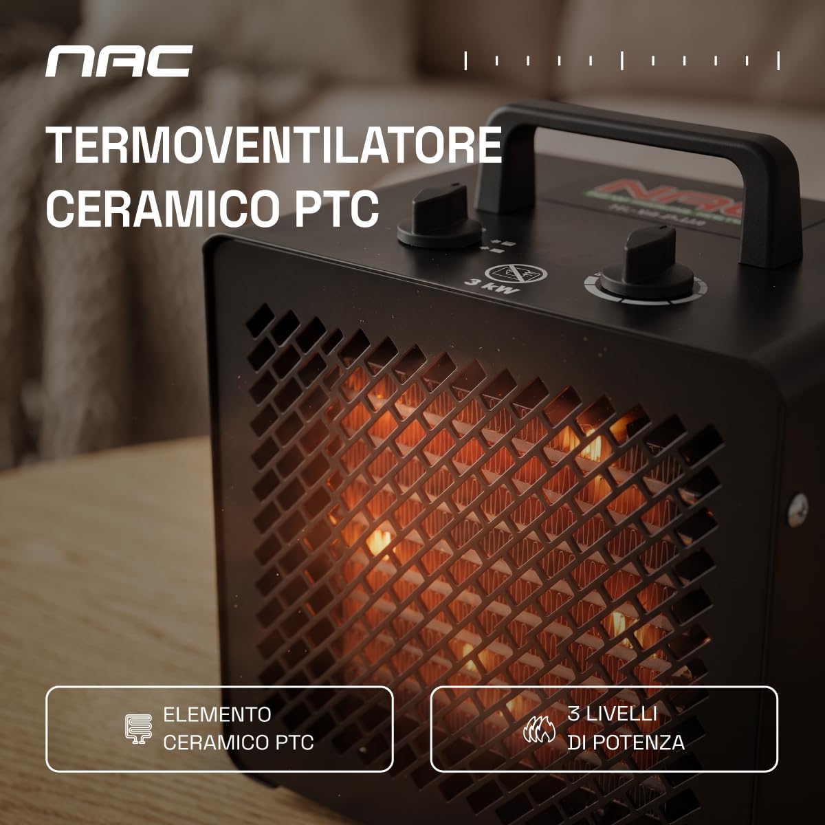 NAC Termoventilatore Elettrico 3000W – Dispositivo di Riscaldamento in Ceramica con Termostato – Riscaldamento Elettrico Portatile per Garage, Officina, Cantiere, Serra - New American Concept