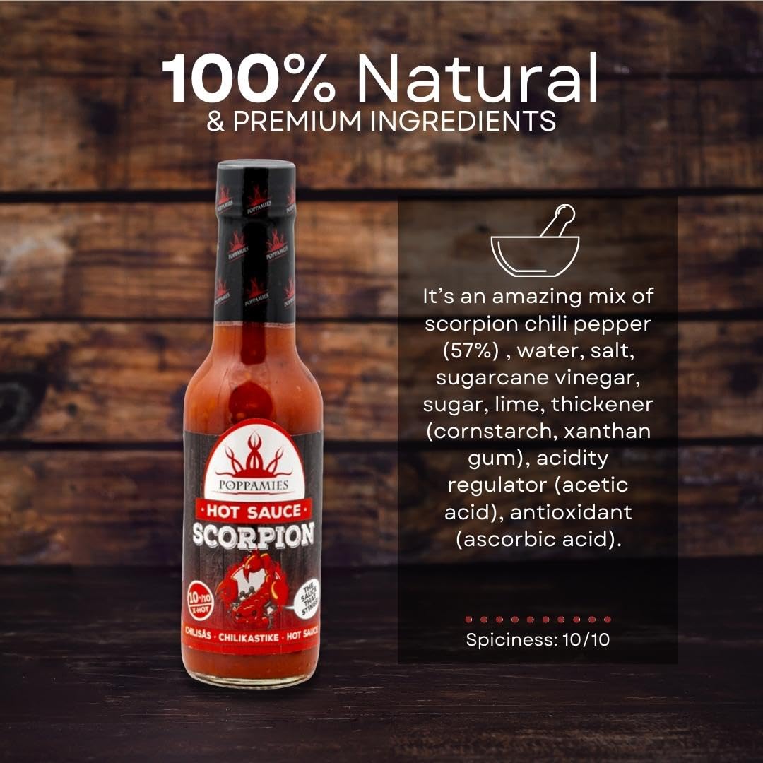 Poppamies Salsa picante Scorpion de Trinidad Chili - Extra Caliente 10+/10 - 150ml Sin Gluten Sin Lactosa Vegano
