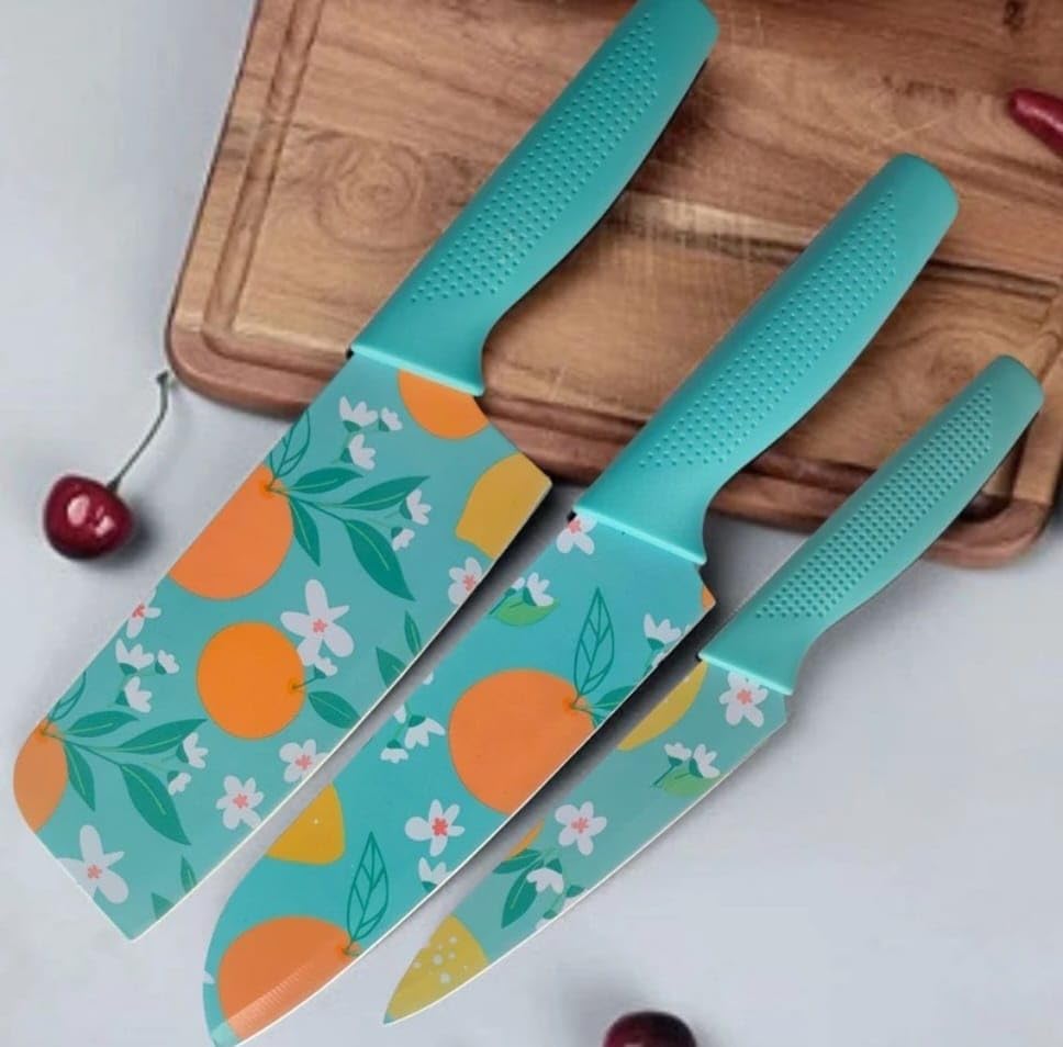 Image of Knife Set for Kitchen Professional 3 Pieces High Carbon Stainless Steel Colour Printed Coated Chef Knife I Utility Knife I Sontuku Knife I Kitchen Knives with Ergonomic Handle(Blue)