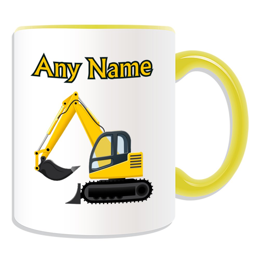 Unigift Yellow Personalised Gift - Excavator Mug (Transport Design Theme, Colour Options) - Any Name / Message On Your Unique - Driver Tracked Digger Heavy Vehicle Automobile Truck Construction Road Worker Jcb Cat Mechanical Shovel Hgv