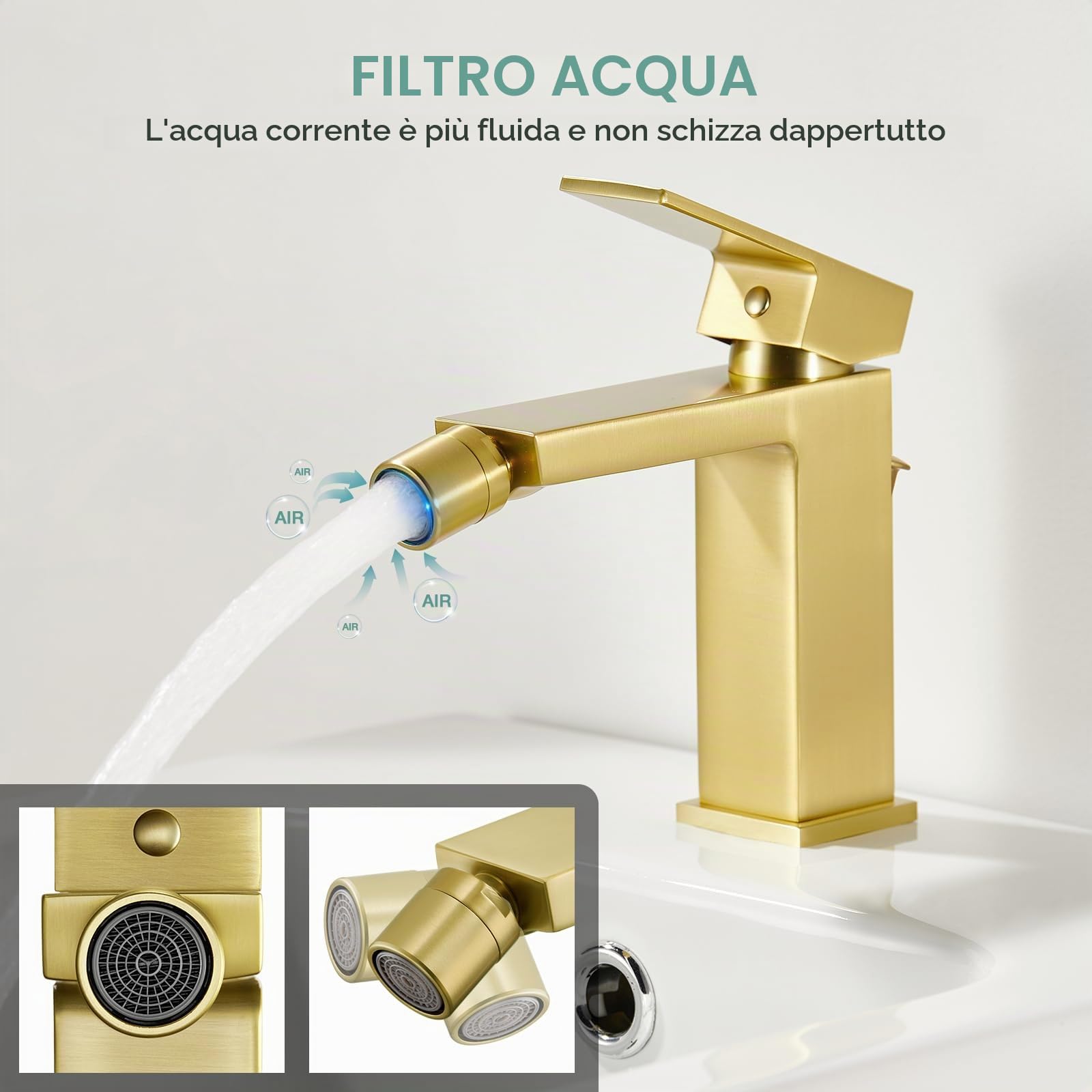 Faustina Rubinetto per Bidet WC con Tirante, Miscelatore Monoelmo Bidet in acciaio inox regolabile con giunto sferico Ottone, Spazzolato Oro