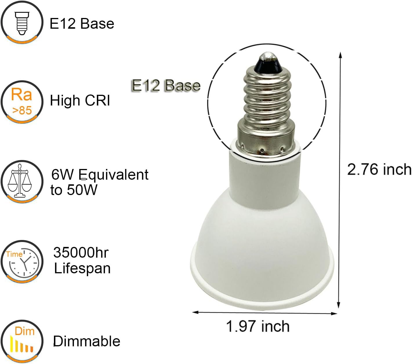 PAR16 LED Bulbs,Dimmable Spot Lights High CRI 50W Equivalent Uses 6W,500 Lumens, E12 Base for Living Bedroom Dining Room (10, Warm White 3000K)