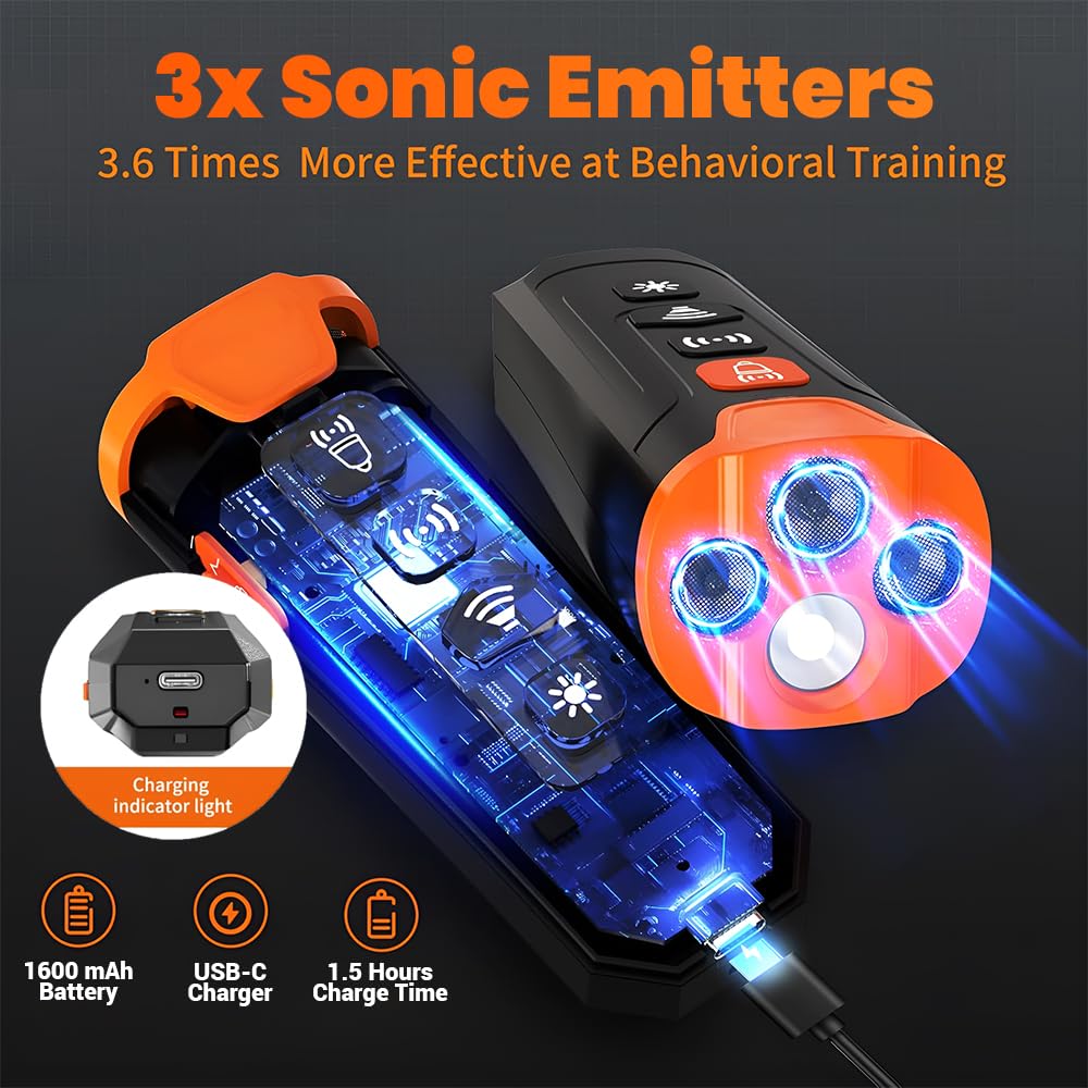 Ultrasonic Dog Bark Deterrent – 55ft Range, 3 Emitters, Rechargeable & Weatherproof