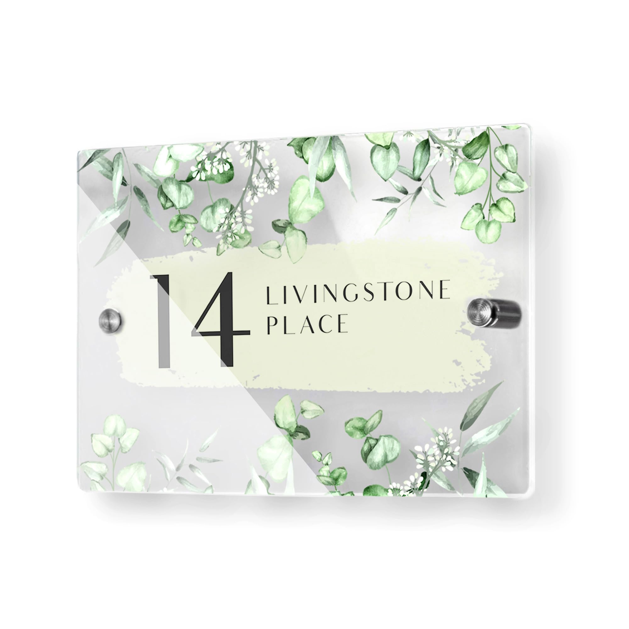 Personalised House Number Plaque Eucalyptus Design Modern Address House Sign with Hidden Fixings 210mm x 148mm House Number Printed Address Signage Floral Plaque