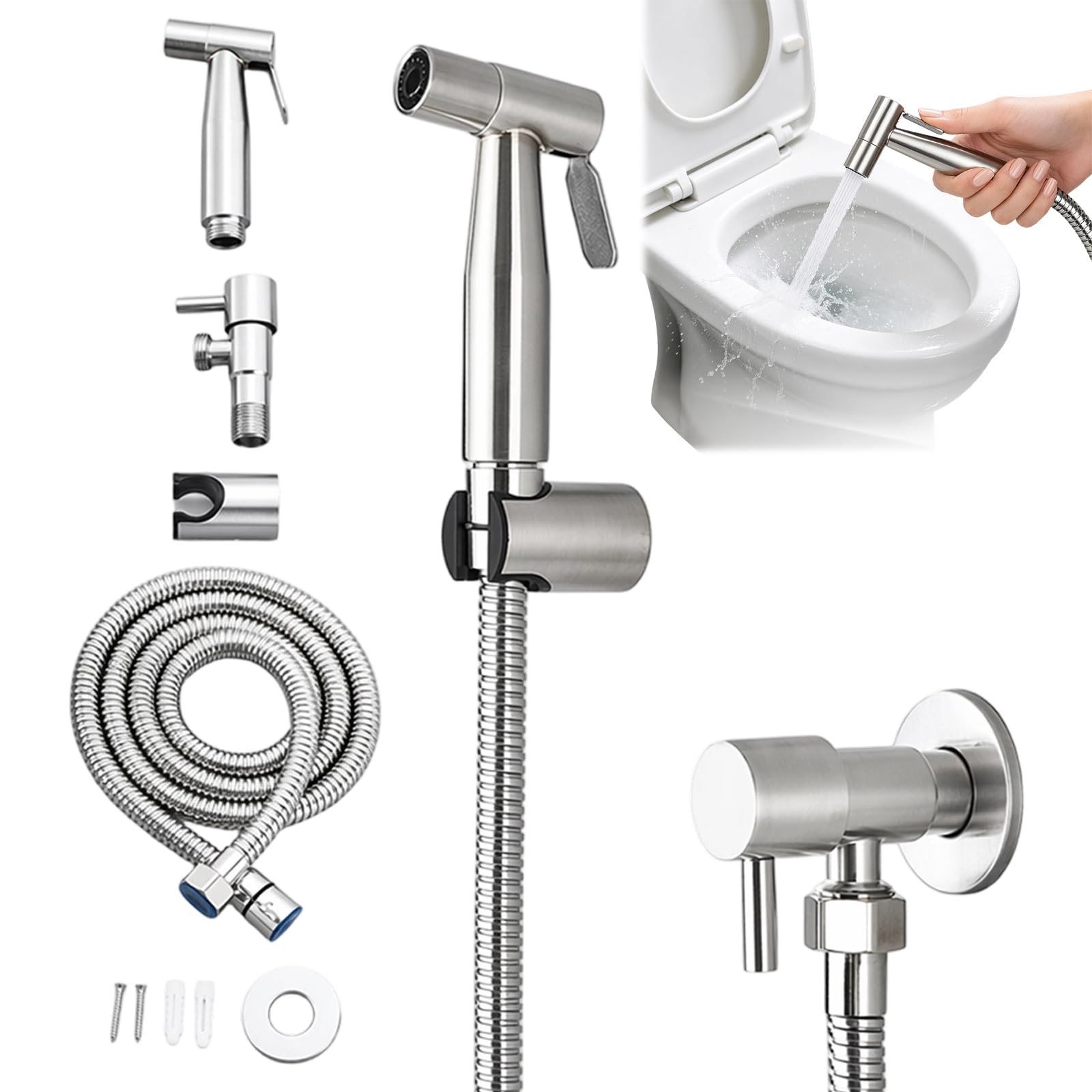 4-Piece Bidet Sprayer Kit, Handheld Toilet Bidet Sprayer with Stainless Steel Spray Gun, Adjustable Jet Spray for Personal Hygiene, Pet Bathing and Toilet Cleaning Includes Hose and Wall Mount Bracket