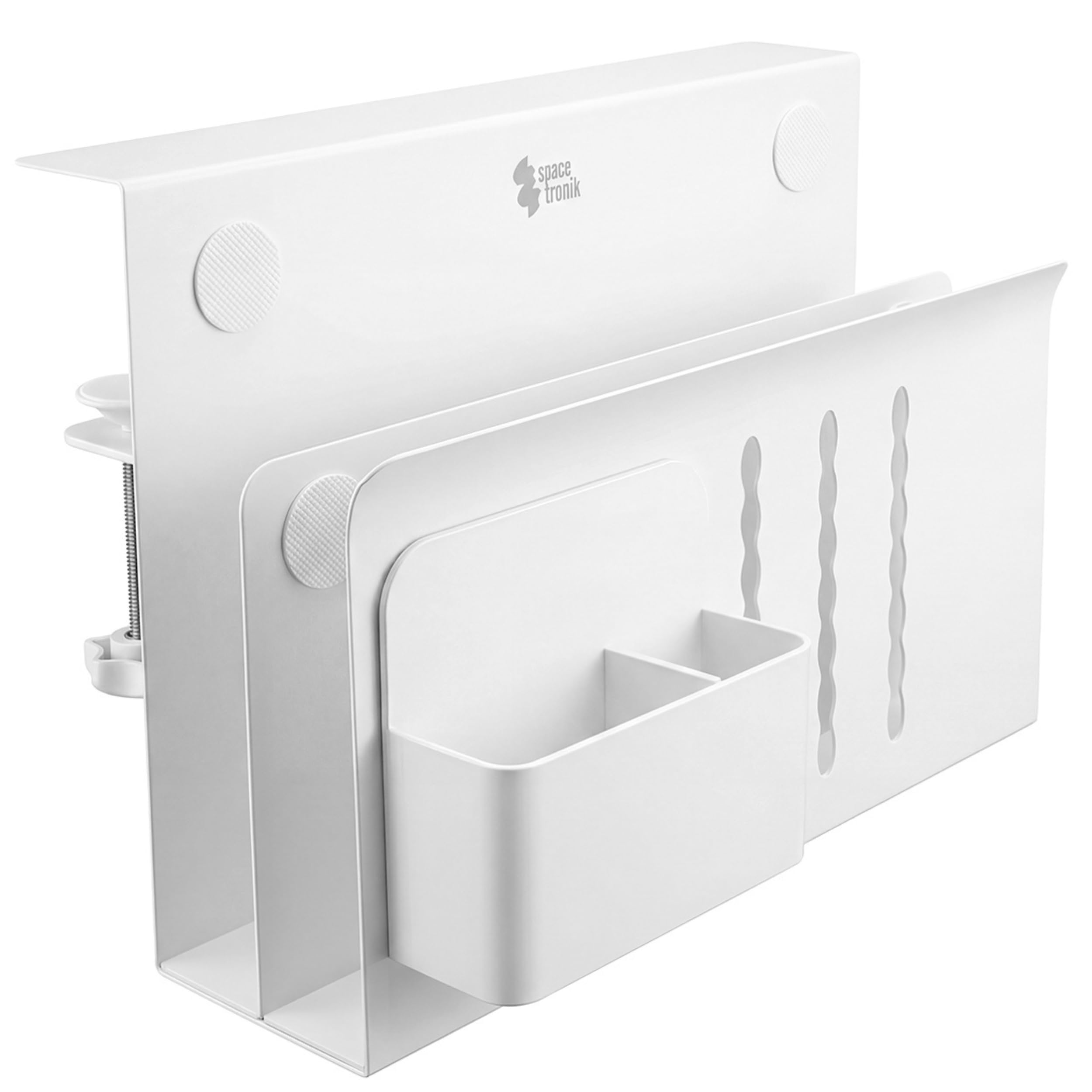 Spacetronik Schreibtisch Seitenaufbewahrung, Desk Side Storage mit Klemme | Ohne Bohren, Laptop Halterung Schreibtisch Seitlich Doppelfach aus Stahl mit Stiftehalter, Weiß, 30x30cm