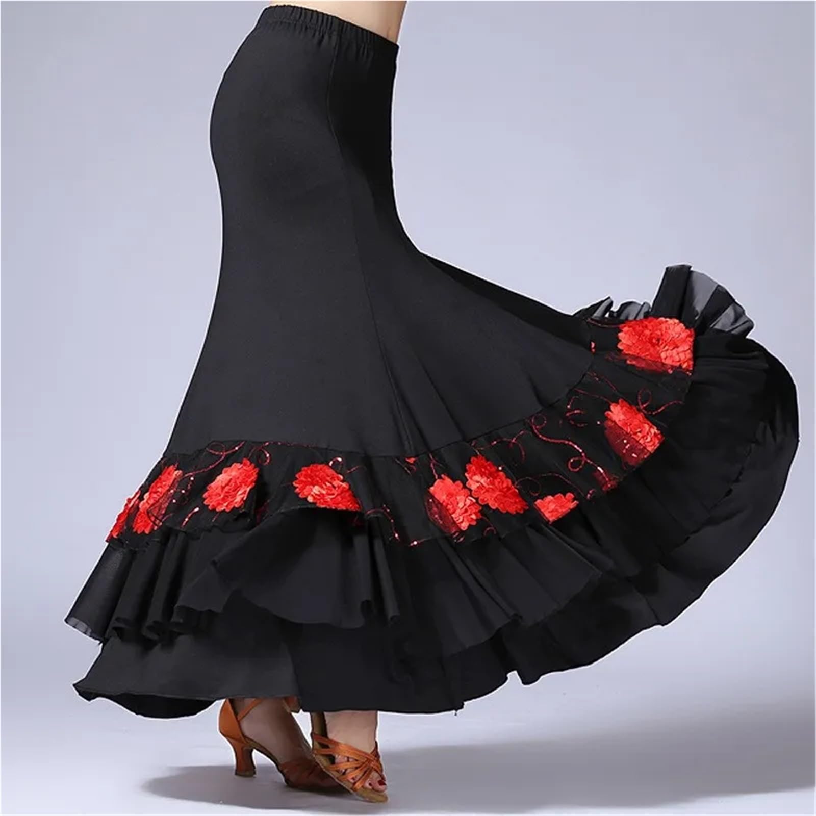 Vestido de práctica salón flamenco for mujer, ropa danza del vientre española elegante con lentejuelas, bordado flores, volantes, falda escenario gitana alas grandes