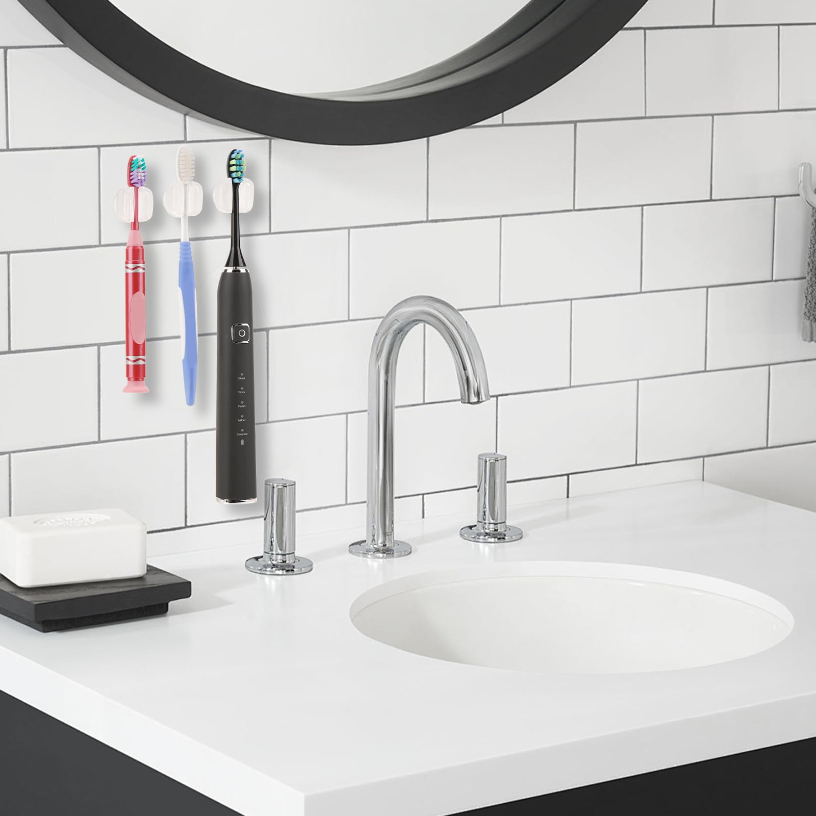 LUEXBOX 6 soportes para cepillo de dientes con ventosa para espejo, colgador de cabezal de cepillo de dientes eléctrico montado en la pared para baño, gancho multifuncional impermeable para toalla,