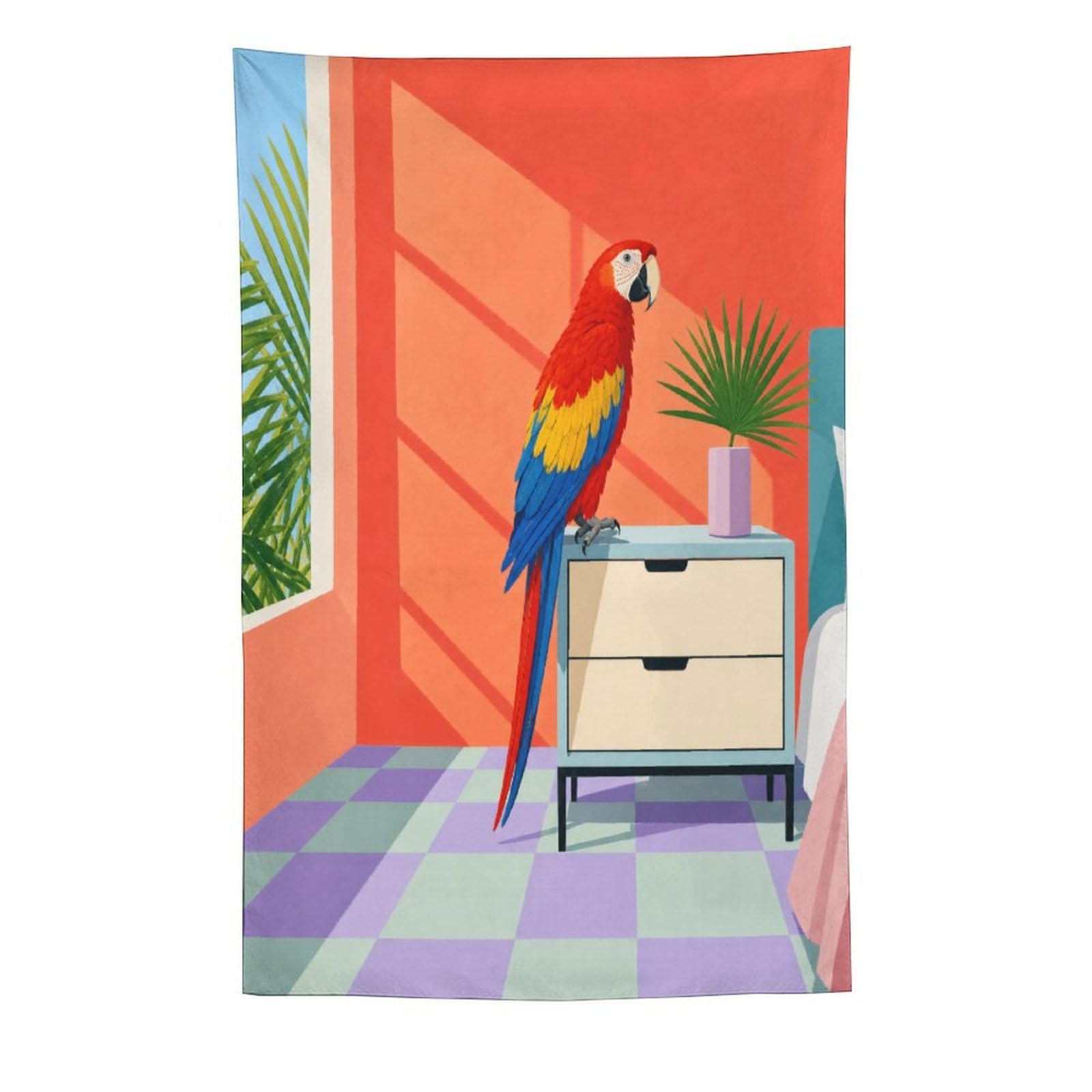 W7C8U2X3 Parrot in Bright Room Wall Tapestry, Geometric Art Style, Bed