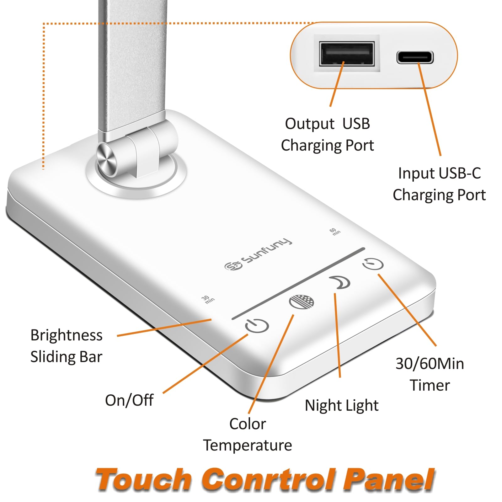 Lampada da tavolo a LED, senza fili, con porta di ricarica USB, 5 modalità di colore e 7 livelli di luminosità, luce notturna, timer per casa e ufficio (bianco)