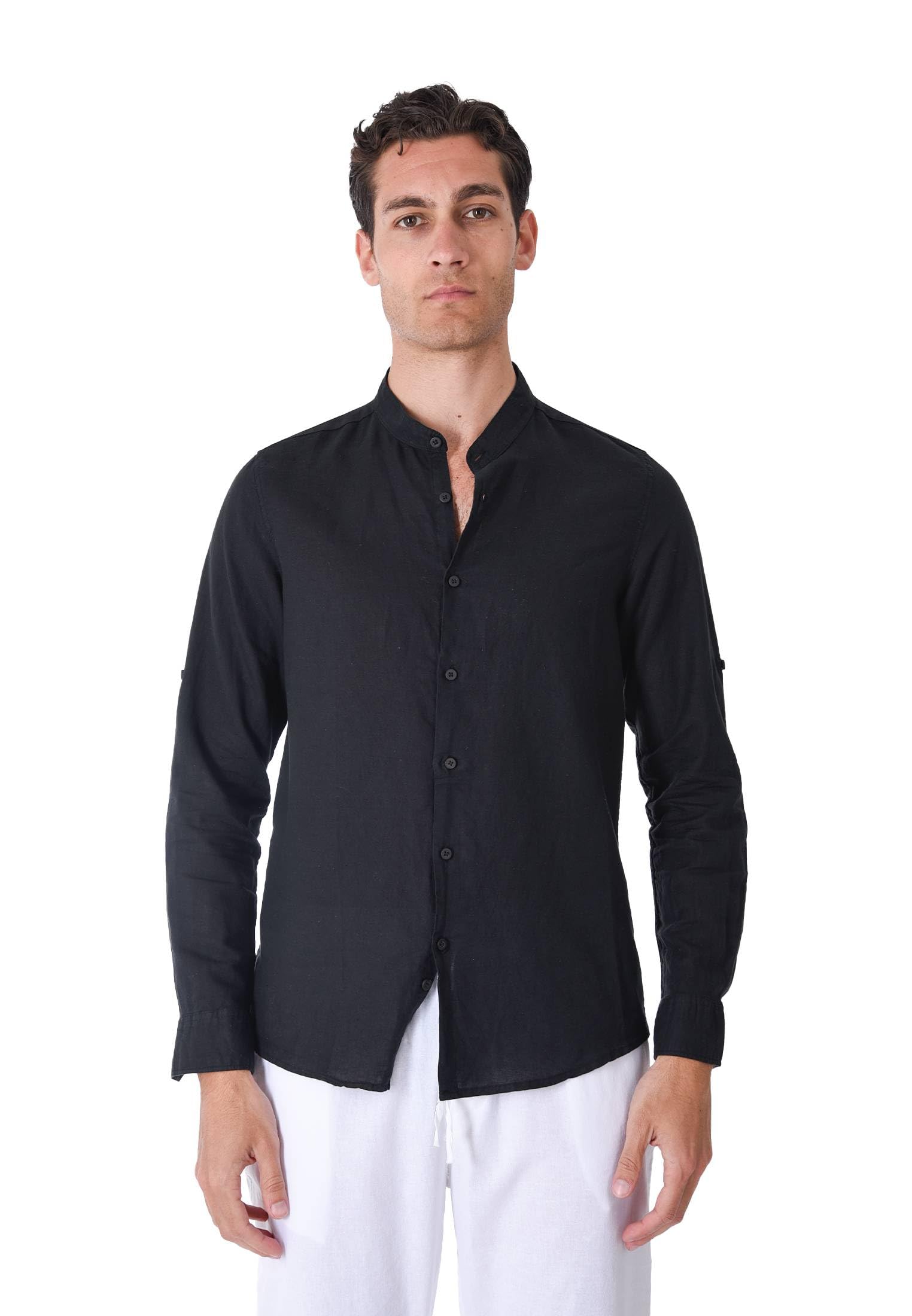 Camisa de hombre 100% lino cuello coreano blanco azul beige celeste negro rosa verde manga larga verano Slim Fit Serafino Sartorial Mangas revolables Negro M